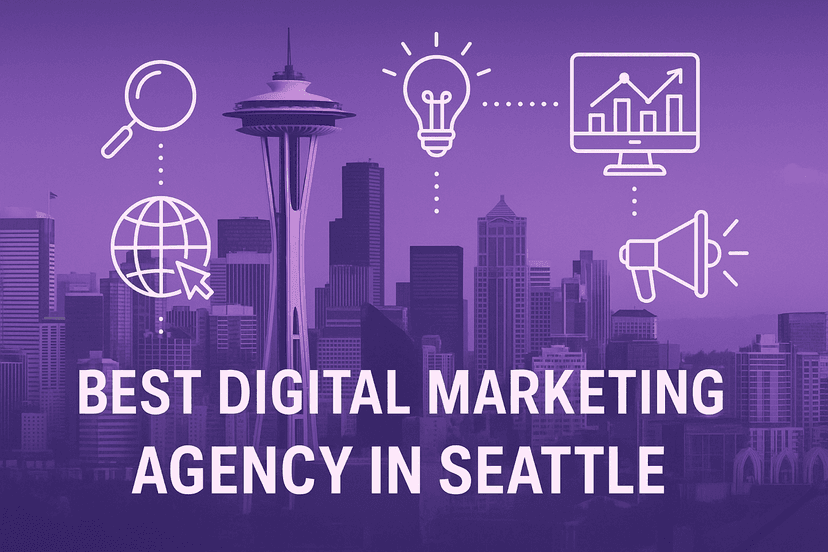 Seattle skyline with Space Needle and digital marketing concepts overlaid