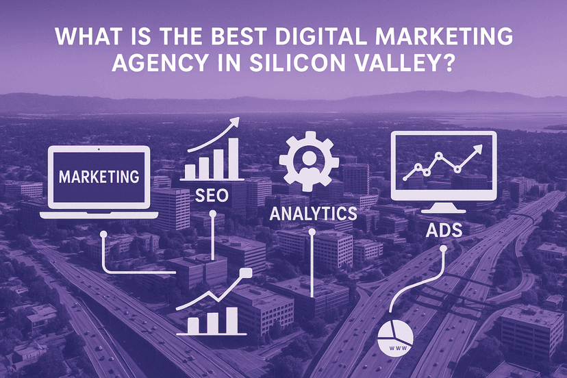 Silicon Valley aerial view with digital marketing metrics and technology overlay